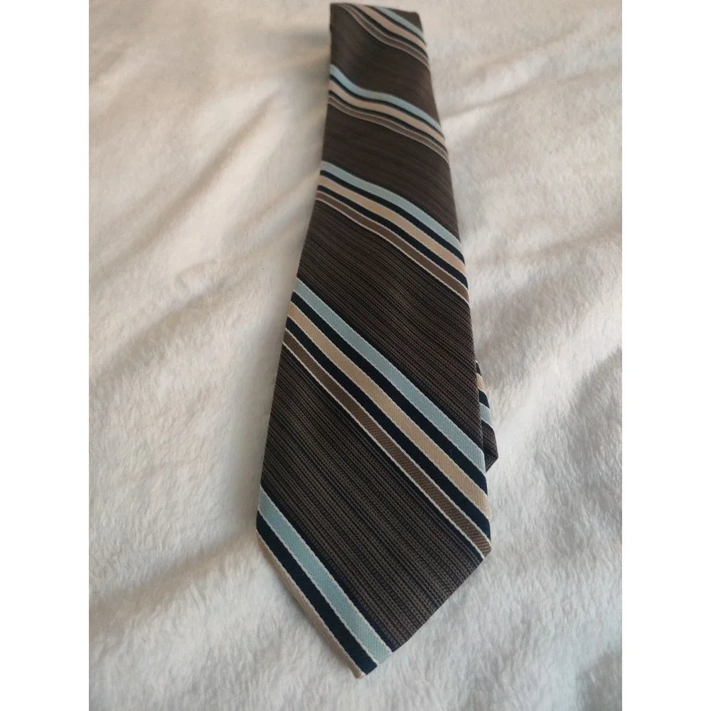 Prince Ferrara Milan Roma Mens Brown Blue Striped Polyester Necktie Tie